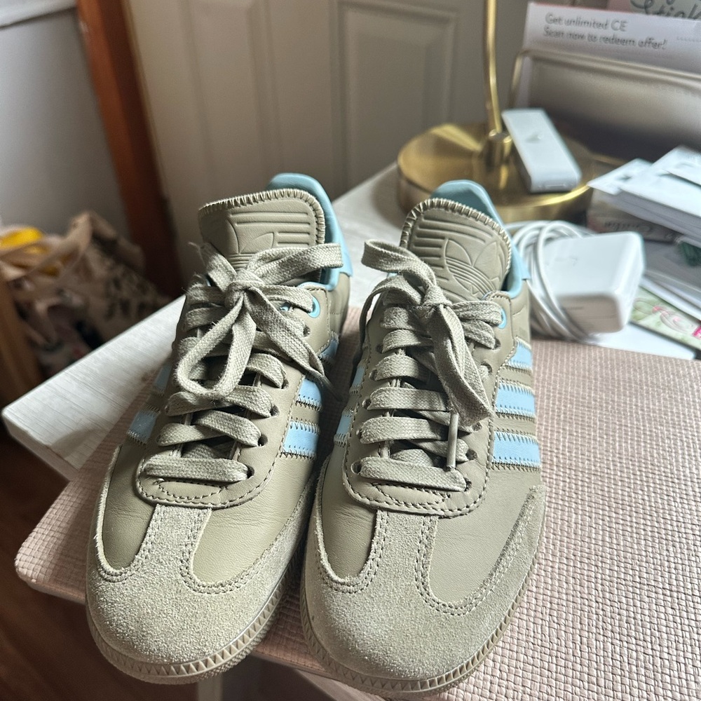 Adidas Tan and Light Blue Sneakers
